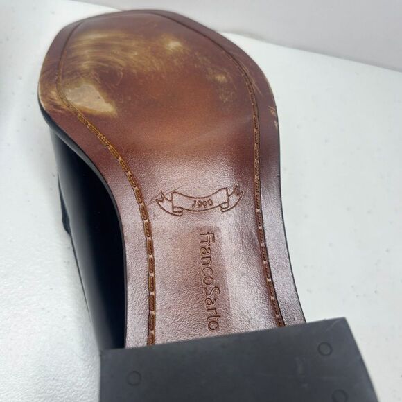 Franco Sarto Donna Patent Leather Black White Womens Heeled Loafers Shoes Tassle - Picture 10 of 11